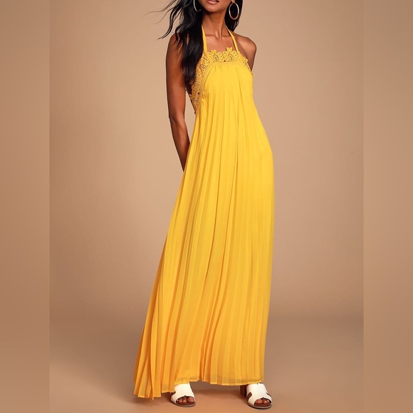 Lulu’s Encinitas Golden Yellow Lace Pleated Halter Maxi Dress - Picture 1 of 3
